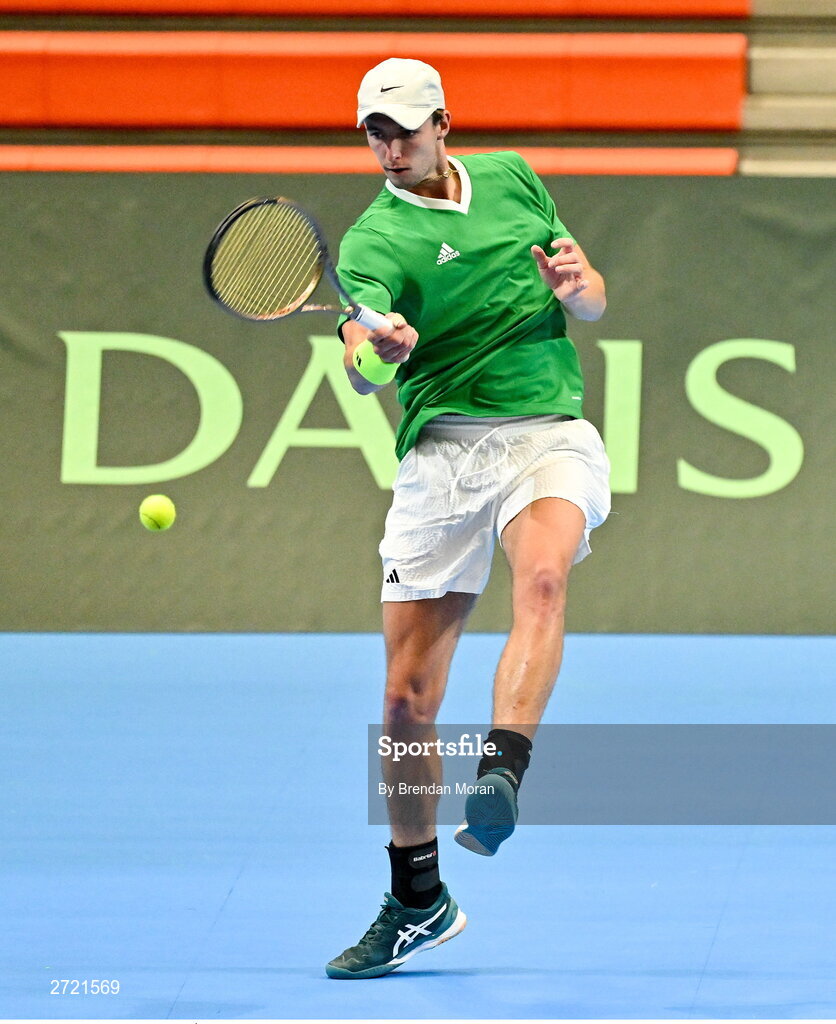 2 February 2024; Osgar Ó hOisín during an Ireland Tennis squad training session at the UL Sport Arena in Limerick, ahead of Ireland's Davis Cup World Group One play-off first round match with Austria. Photo by Brendan Moran/Sportsfile
