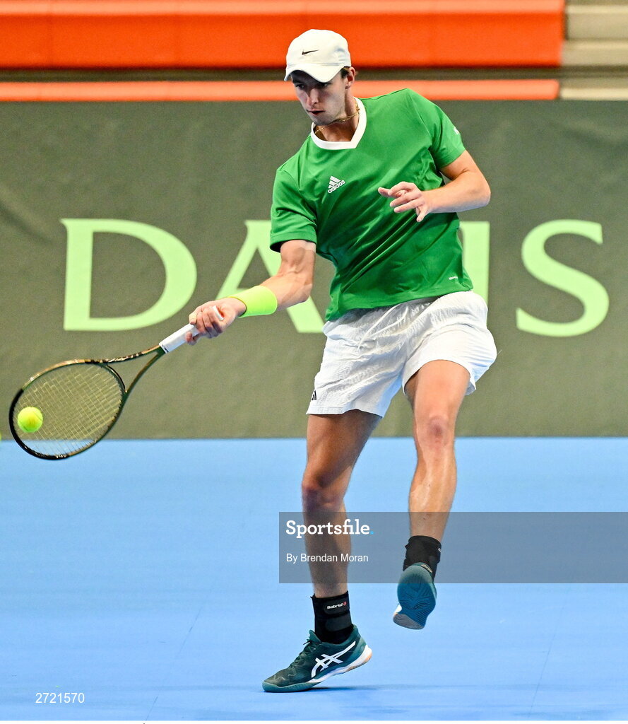 2 February 2024; Osgar Ó hOisín during an Ireland Tennis squad training session at the UL Sport Arena in Limerick, ahead of Ireland's Davis Cup World Group One play-off first round match with Austria. Photo by Brendan Moran/Sportsfile