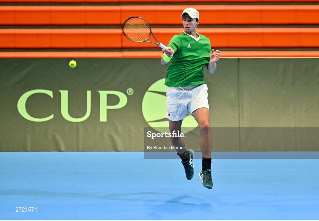 2 February 2024; Osgar Ó hOisín during an Ireland Tennis squad training session at the UL Sport Arena in Limerick, ahead of Ireland's Davis Cup World Group One play-off first round match with Austria. Photo by Brendan Moran/Sportsfile