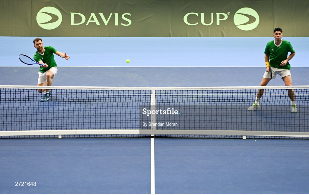 2 February 2024; Simon Carr, left, and Conor Gannon during an Ireland Tennis squad training session at the UL Sport Arena in Limerick, ahead of Ireland's Davis Cup World Group One play-off first round match with Austria. Photo by Brendan Moran/Sportsfile