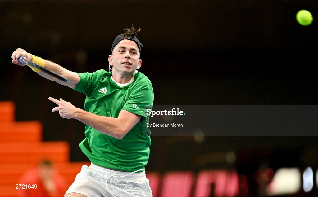 2 February 2024; Conor Gannon during an Ireland Tennis squad training session at the UL Sport Arena in Limerick, ahead of Ireland's Davis Cup World Group One play-off first round match with Austria. Photo by Brendan Moran/Sportsfile