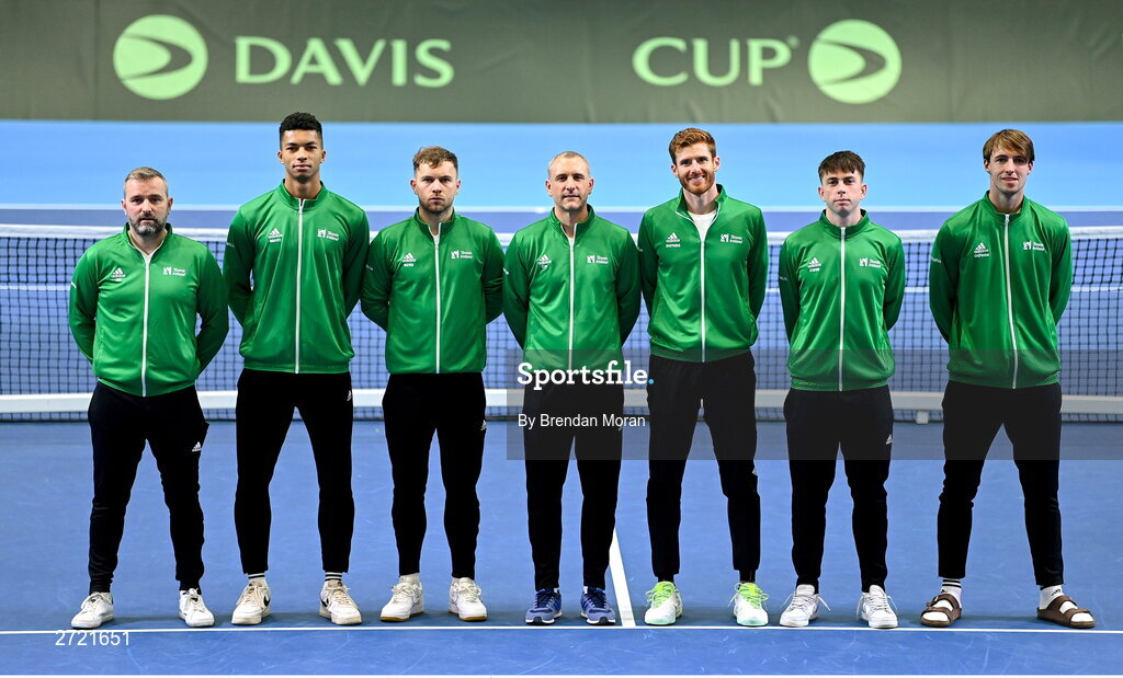 2 February 2024; The Ireland team, from left, coach Stephen Nugent, Michael Agwi, Simon Carr, captain Conor Niland, David O'Hare, Conor Gannon and Osgar Ó hOisín before an Ireland Tennis squad training session at the UL Sport Arena in Limerick, ahead of Ireland's Davis Cup World Group One play-off first round match with Austria.  Photo by Brendan Moran/Sportsfile
