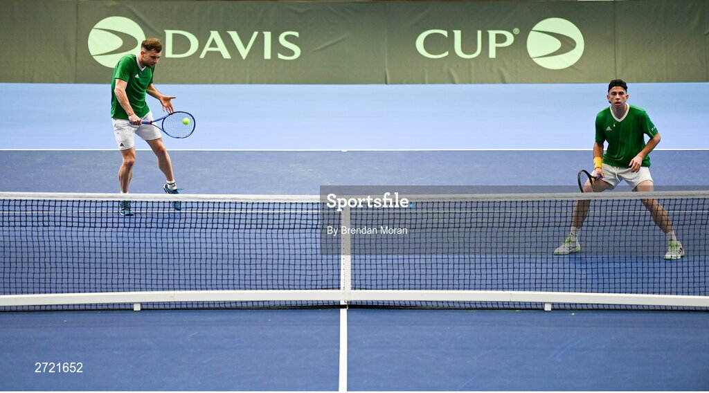 2 February 2024; Simon Carr, left, and Conor Gannon during an Ireland Tennis squad training session at the UL Sport Arena in Limerick, ahead of Ireland's Davis Cup World Group One play-off first round match with Austria. Photo by Brendan Moran/Sportsfile