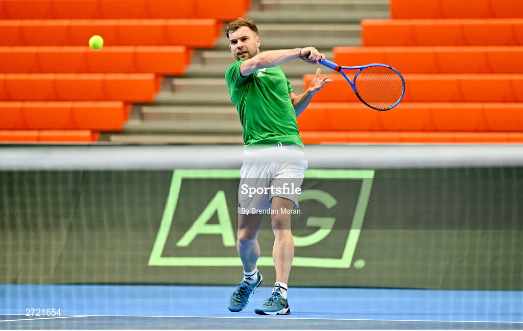 2 February 2024; Simon Carr during an Ireland Tennis squad training session at the UL Sport Arena in Limerick, ahead of Ireland's Davis Cup World Group One play-off first round match with Austria. Photo by Brendan Moran/Sportsfile