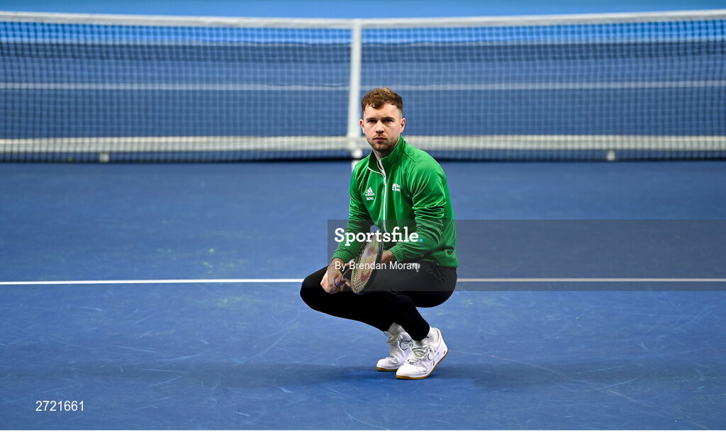 2 February 2024; Simon Carr poses for a portrait before an Ireland Tennis squad training session at the UL Sport Arena in Limerick, ahead of Ireland's Davis Cup World Group One play-off first round match with Austria. Photo by Brendan Moran/Sportsfile