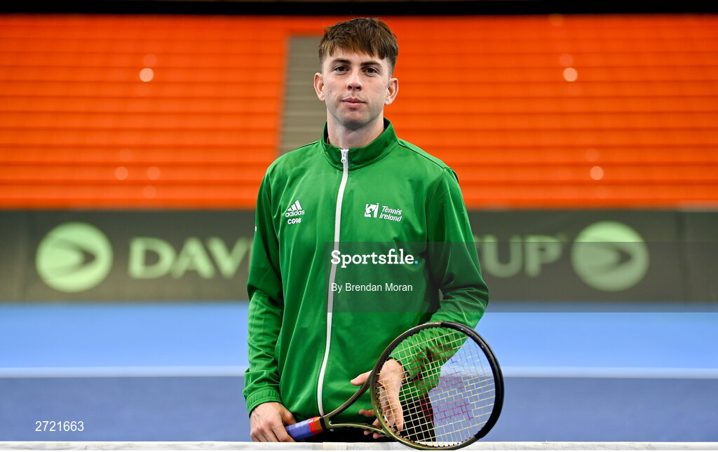 2 February 2024; Conor Gannon poses for a portrait before an Ireland Tennis squad training session at the UL Sport Arena in Limerick, ahead of Ireland's Davis Cup World Group One play-off first round match with Austria. Photo by Brendan Moran/Sportsfile