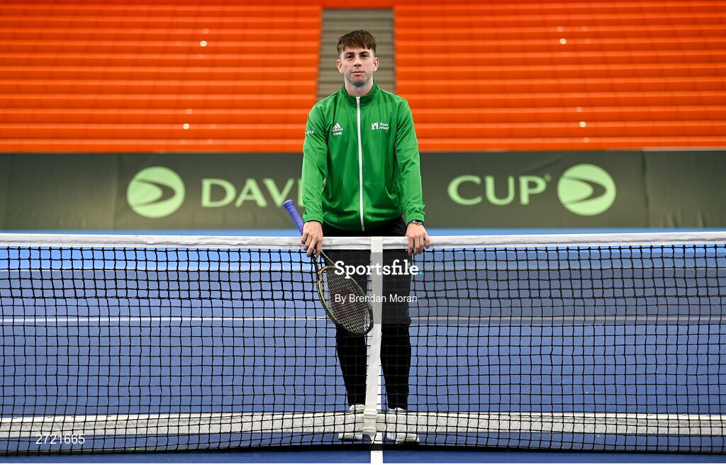 2 February 2024; Conor Gannon poses for a portrait before an Ireland Tennis squad training session at the UL Sport Arena in Limerick, ahead of Ireland's Davis Cup World Group One play-off first round match with Austria. Photo by Brendan Moran/Sportsfile