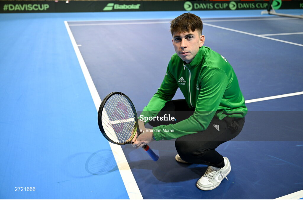 2 February 2024; Conor Gannon poses for a portrait before an Ireland Tennis squad training session at the UL Sport Arena in Limerick, ahead of Ireland's Davis Cup World Group One play-off first round match with Austria. Photo by Brendan Moran/Sportsfile