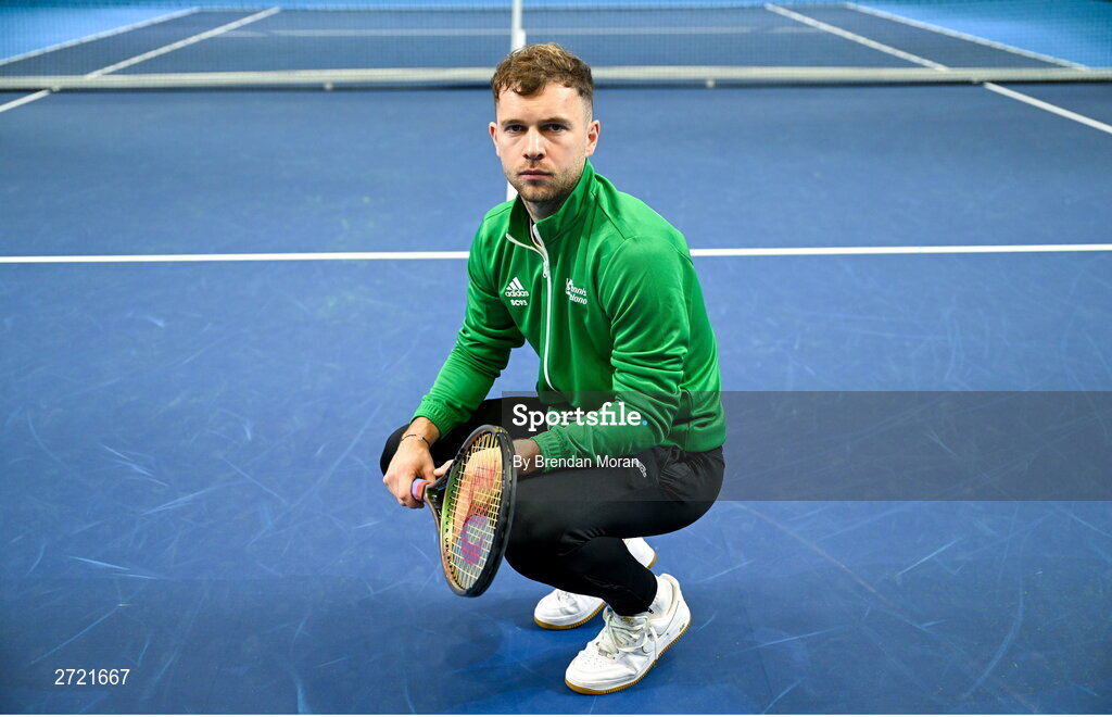 2 February 2024; Simon Carr poses for a portrait before an Ireland Tennis squad training session at the UL Sport Arena in Limerick, ahead of Ireland's Davis Cup World Group One play-off first round match with Austria. Photo by Brendan Moran/Sportsfile