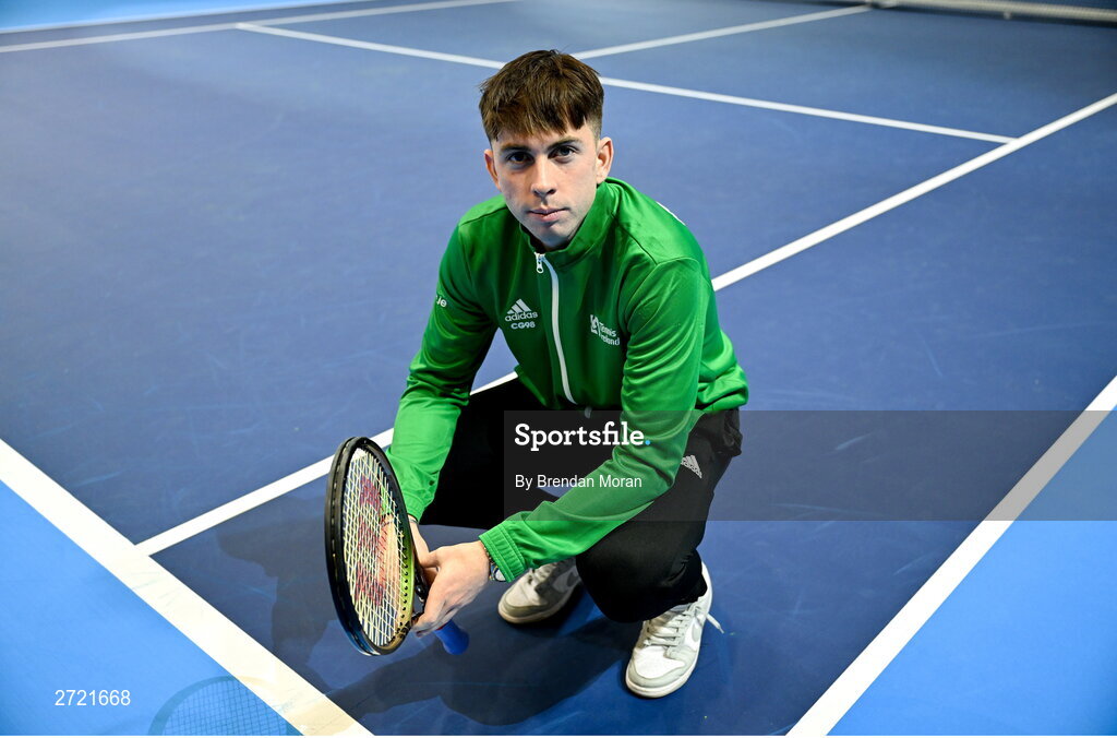 2 February 2024; Conor Gannon poses for a portrait before an Ireland Tennis squad training session at the UL Sport Arena in Limerick, ahead of Ireland's Davis Cup World Group One play-off first round match with Austria. Photo by Brendan Moran/Sportsfile