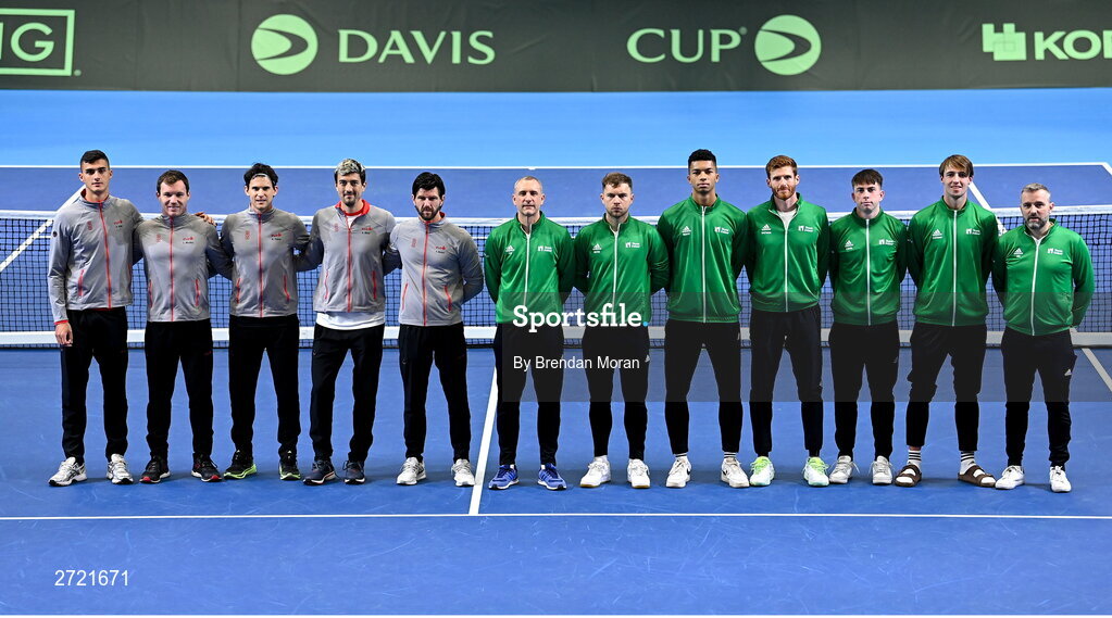 2 February 2024; The Austria and Ireland teams at the UL Sport Arena in Limerick, ahead of Ireland's Davis Cup World Group One play-off first round match with Austria. Photo by Brendan Moran/Sportsfile