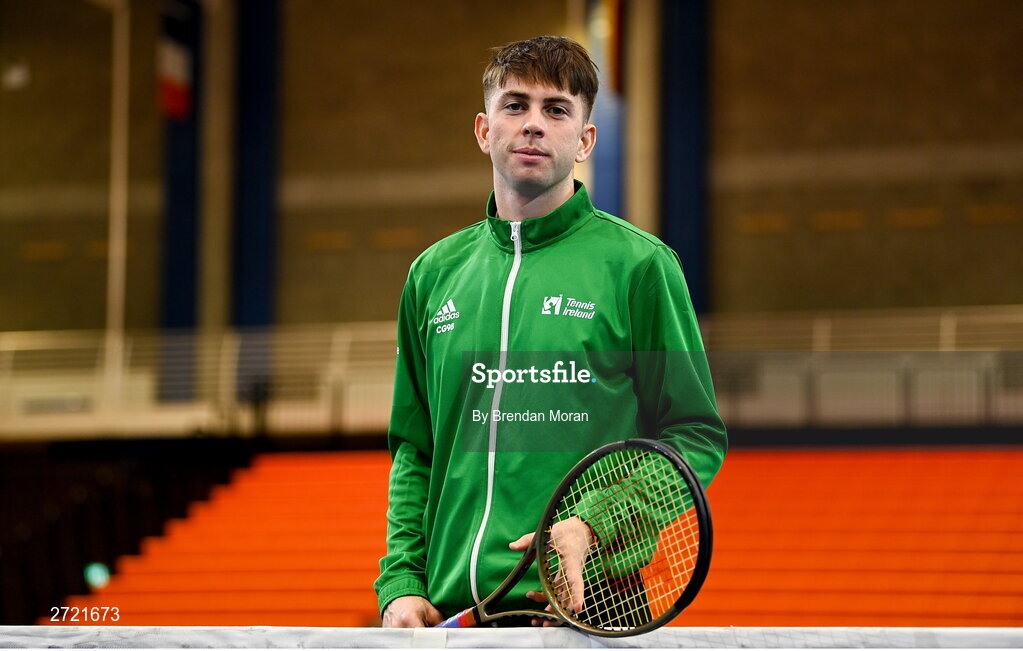 2 February 2024; Conor Gannon poses for a portrait before an Ireland Tennis squad training session at the UL Sport Arena in Limerick, ahead of Ireland's Davis Cup World Group One play-off first round match with Austria. Photo by Brendan Moran/Sportsfile