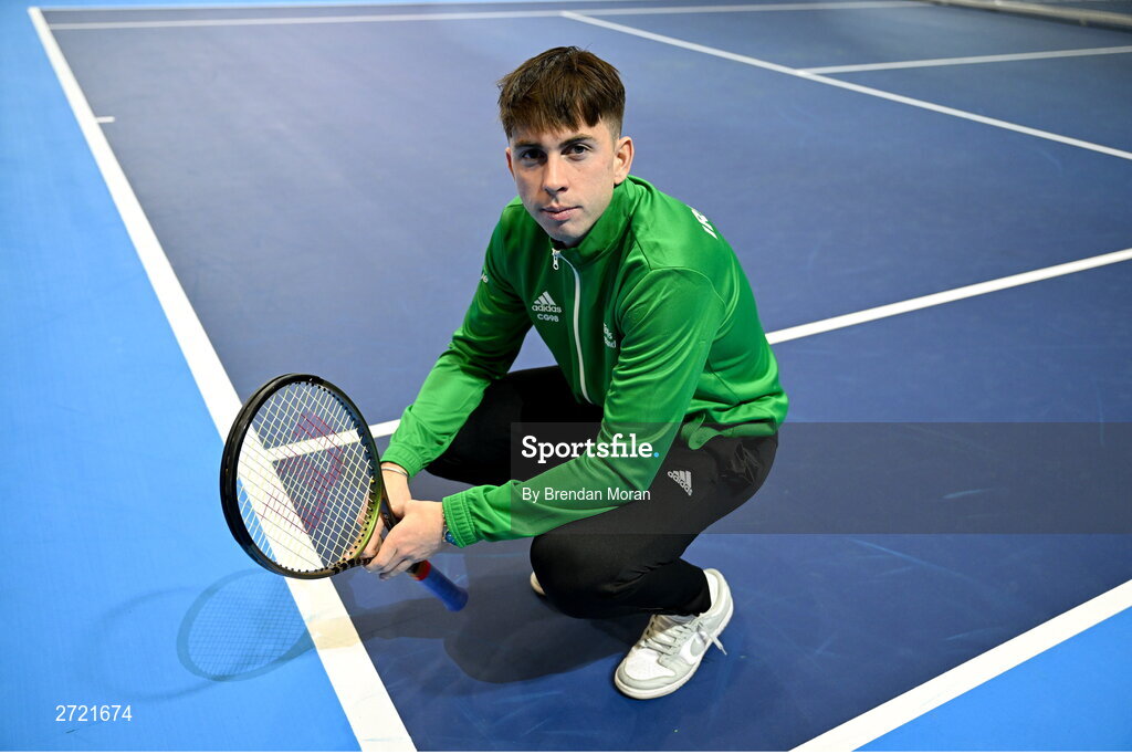 2 February 2024; Conor Gannon poses for a portrait before an Ireland Tennis squad training session at the UL Sport Arena in Limerick, ahead of Ireland's Davis Cup World Group One play-off first round match with Austria. Photo by Brendan Moran/Sportsfile