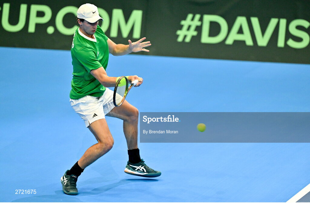 2 February 2024; Osgar Ó hOisín during an Ireland Tennis squad training session at the UL Sport Arena in Limerick, ahead of Ireland's Davis Cup World Group One play-off first round match with Austria. Photo by Brendan Moran/Sportsfile