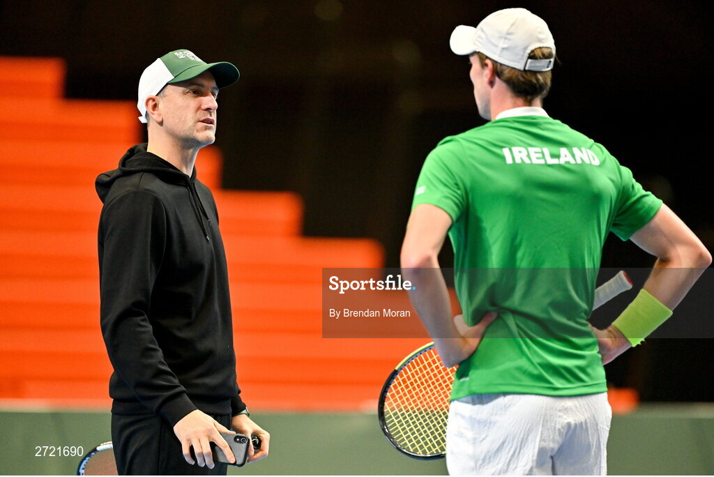 2 February 2024; Team Ireland captain Conor Niland, left, and Osgar Ó hOisín during an Ireland Tennis squad training session at the UL Sport Arena in Limerick, ahead of Ireland's Davis Cup World Group One play-off first round match with Austria. Photo by Brendan Moran/Sportsfile