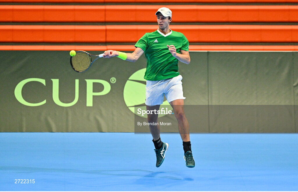 2 February 2024; Osgar Ó hOisín during an Ireland Tennis squad training session at the UL Sport Arena in Limerick, ahead of Ireland's Davis Cup World Group One play-off first round match with Austria. Photo by Brendan Moran/Sportsfile
