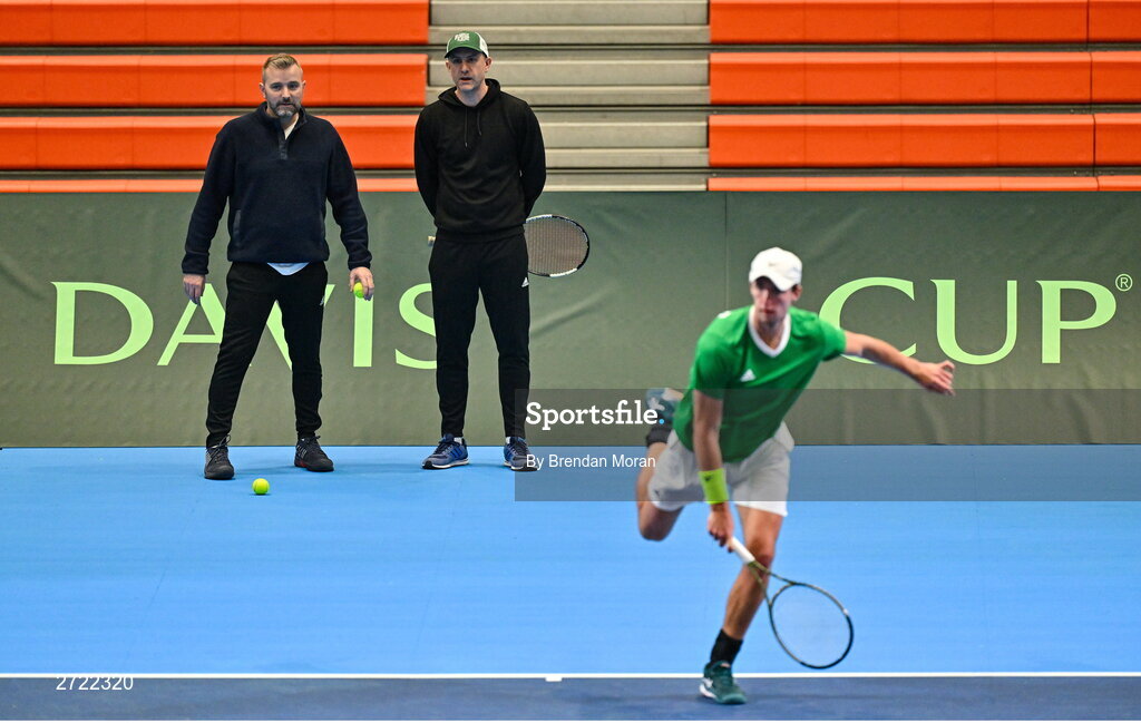 2 February 2024; Ireland coach Stephen Nugent, left, and captain Conor Niland during an Ireland Tennis squad training session at the UL Sport Arena in Limerick, ahead of Ireland's Davis Cup World Group One play-off first round match with Austria. Photo by Brendan Moran/Sportsfile