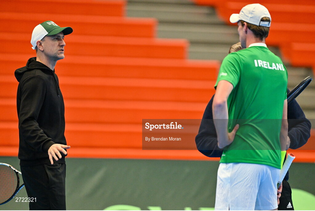 2 February 2024; Team Ireland captain Conor Niland, left, and Osgar Ó hOisín of Ireland during an Ireland Tennis squad training session at the UL Sport Arena in Limerick, ahead of Ireland's Davis Cup World Group One play-off first round match with Austria. Photo by Brendan Moran/Sportsfile
