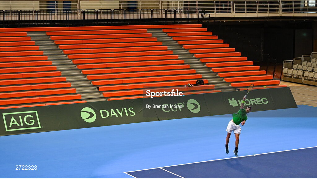 2 February 2024; Osgar Ó hOisín during an Ireland Tennis squad training session at the UL Sport Arena in Limerick, ahead of Ireland's Davis Cup World Group One play-off first round match with Austria. Photo by Brendan Moran/Sportsfile