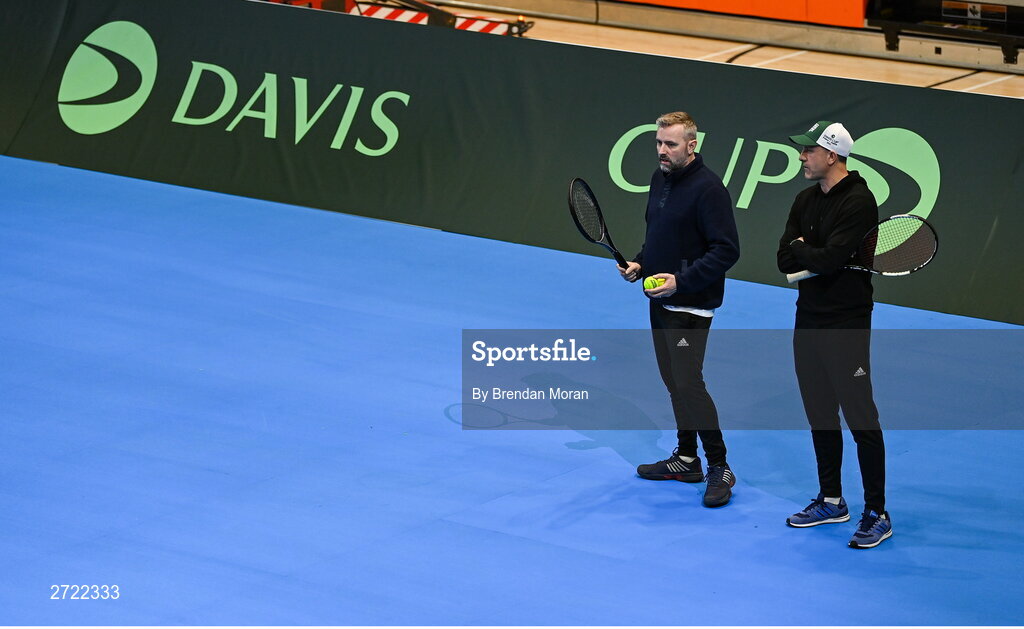 2 February 2024; Ireland coach Stephen Nugent, left, and captain Conor Niland during an Ireland Tennis squad training session at the UL Sport Arena in Limerick, ahead of Ireland's Davis Cup World Group One play-off first round match with Austria. Photo by Brendan Moran/Sportsfile