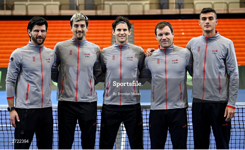 2 February 2024; The Austria team, from left, Jurgen Melzer, Sebastian Ofner, Dominic Thiem, Lucas Miedler and Alexander Erler before an Ireland Tennis squad training session at the UL Sport Arena in Limerick, ahead of Ireland's Davis Cup World Group One play-off first round match with Austria. Photo by Brendan Moran/Sportsfile