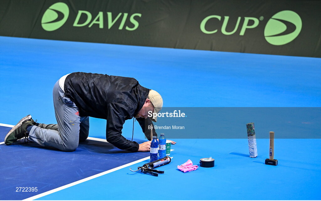2 February 2024; Staff prepare the court before an Ireland Tennis squad training session at the UL Sport Arena in Limerick, ahead of Ireland's Davis Cup World Group One play-off first round match with Austria. Photo by Brendan Moran/Sportsfile