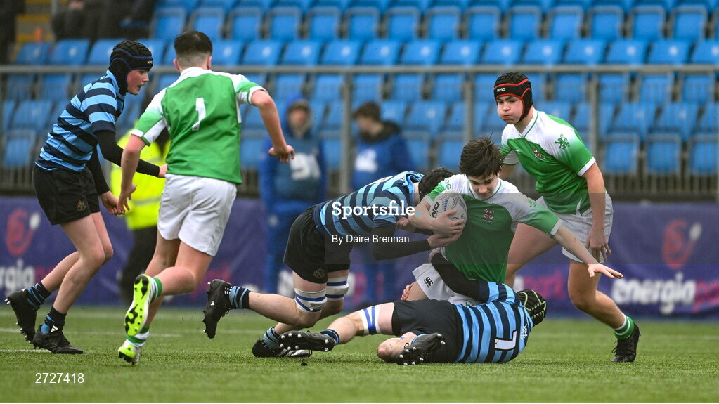 8 February 2024; Borja Salto Galdon of Gonzaga College is tackled by Matthew McGee of St Vincent’s Castleknock College during Bank of Ireland Leinster Schools Junior Cup Round 1 match between St Vincent's Castleknock College and Gonzaga College at Energia Park in Dublin. Photo by Daire Brennan/Sportsfile