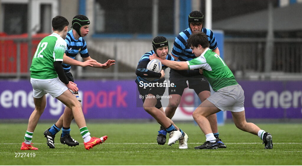 8 February 2024; Eoghan Bridson of St Vincent’s Castleknock College is tackled by Borja Salto Galdon of Gonzaga College during Bank of Ireland Leinster Schools Junior Cup Round 1 match between St Vincent's Castleknock College and Gonzaga College at Energia Park in Dublin. Photo by Daire Brennan/Sportsfile