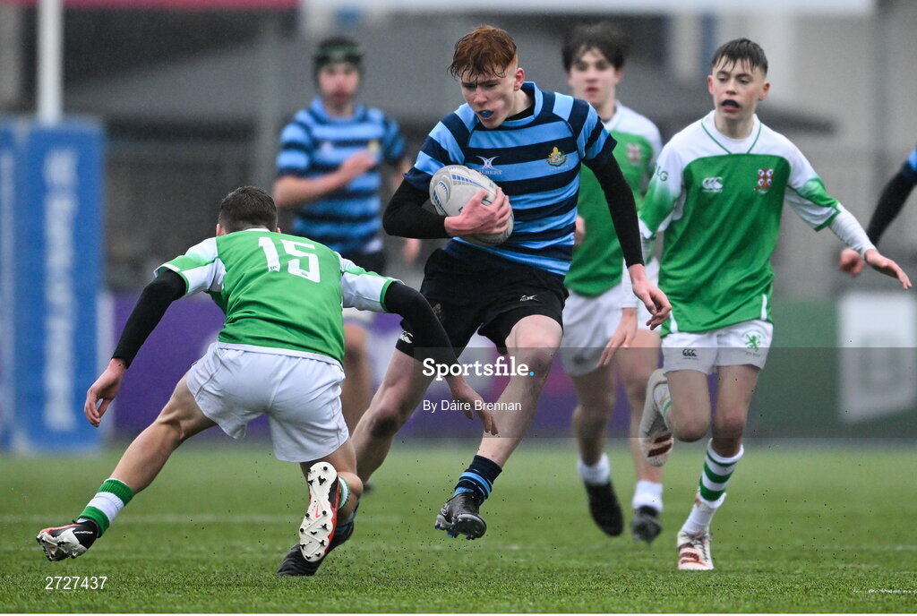 8 February 2024; Eoghan Bridson of St Vincent’s Castleknock College is tackled by James Friel of Gonzaga College during Bank of Ireland Leinster Schools Junior Cup Round 1 match between St Vincent's Castleknock College and Gonzaga College at Energia Park in Dublin. Photo by Daire Brennan/Sportsfile