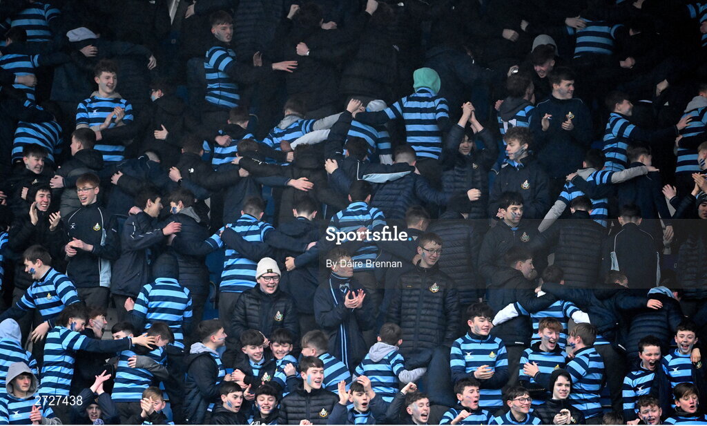 8 February 2024; St Vincent's Castleknock College celebrate their side's third try during Bank of Ireland Leinster Schools Junior Cup Round 1 match between St Vincent's Castleknock College and Gonzaga College at Energia Park in Dublin. Photo by Daire Brennan/Sportsfile