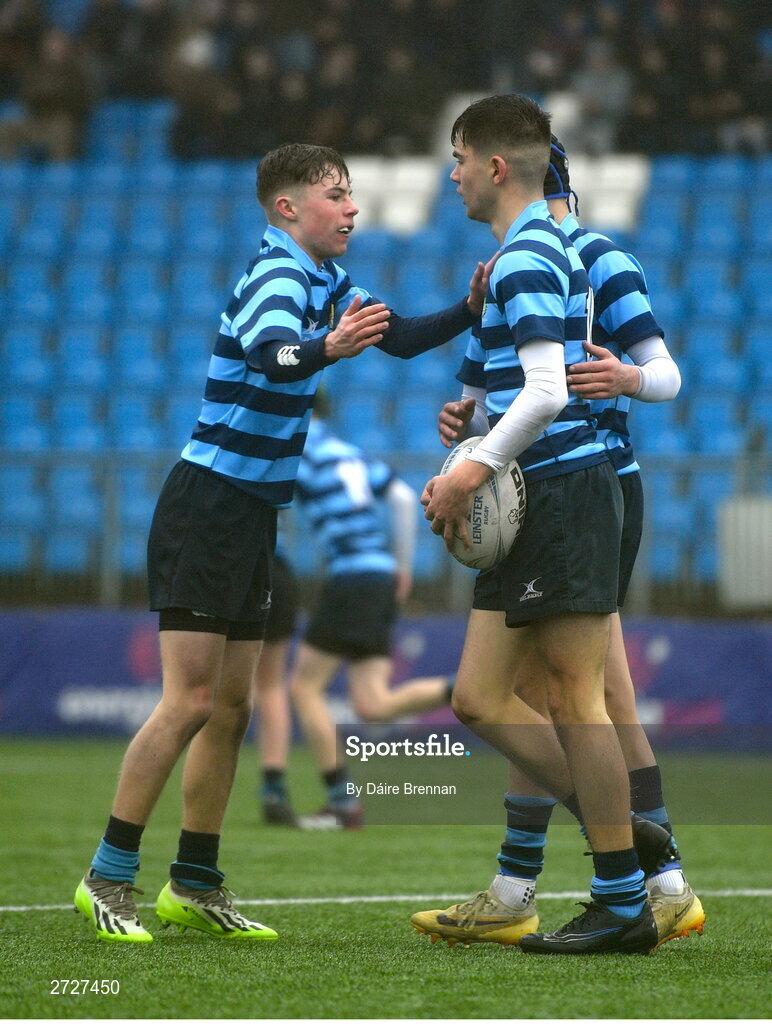 8 February 2024; Max Elliot of St Vincent’s Castleknock College celebrates with team-mate Charlie Canavan after Canavan scored his side's third try during Bank of Ireland Leinster Schools Junior Cup Round 1 match between St Vincent's Castleknock College and Gonzaga College at Energia Park in Dublin. Photo by Daire Brennan/Sportsfile