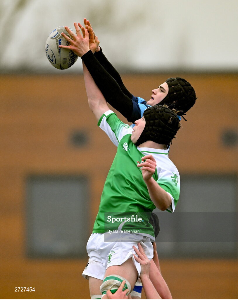8 February 2024; Fionn Fahey of Gonzaga College competes in a line-out against Matthew Lynch of St Vincent’s Castleknock College during Bank of Ireland Leinster Schools Junior Cup Round 1 match between St Vincent's Castleknock College and Gonzaga College at Energia Park in Dublin. Photo by Daire Brennan/Sportsfile