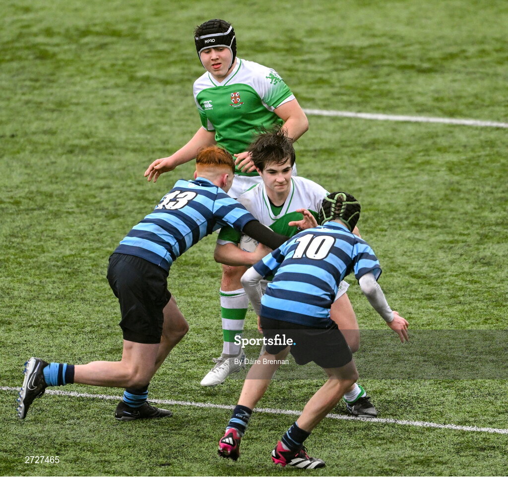 8 February 2024; Borja Salto Galdon of Gonzaga College is tackled by Tom Ó Ceallaigh of St Vincent’s Castleknock College during Bank of Ireland Leinster Schools Junior Cup Round 1 match between St Vincent's Castleknock College and Gonzaga College at Energia Park in Dublin. Photo by Daire Brennan/Sportsfile