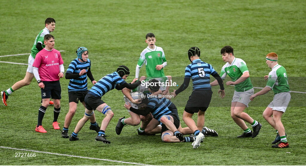 8 February 2024; Harry Martin of Gonzaga College is tackled by Matthew Lynch of St Vincent’s Castleknock College during Bank of Ireland Leinster Schools Junior Cup Round 1 match between St Vincent's Castleknock College and Gonzaga College at Energia Park in Dublin. Photo by Daire Brennan/Sportsfile