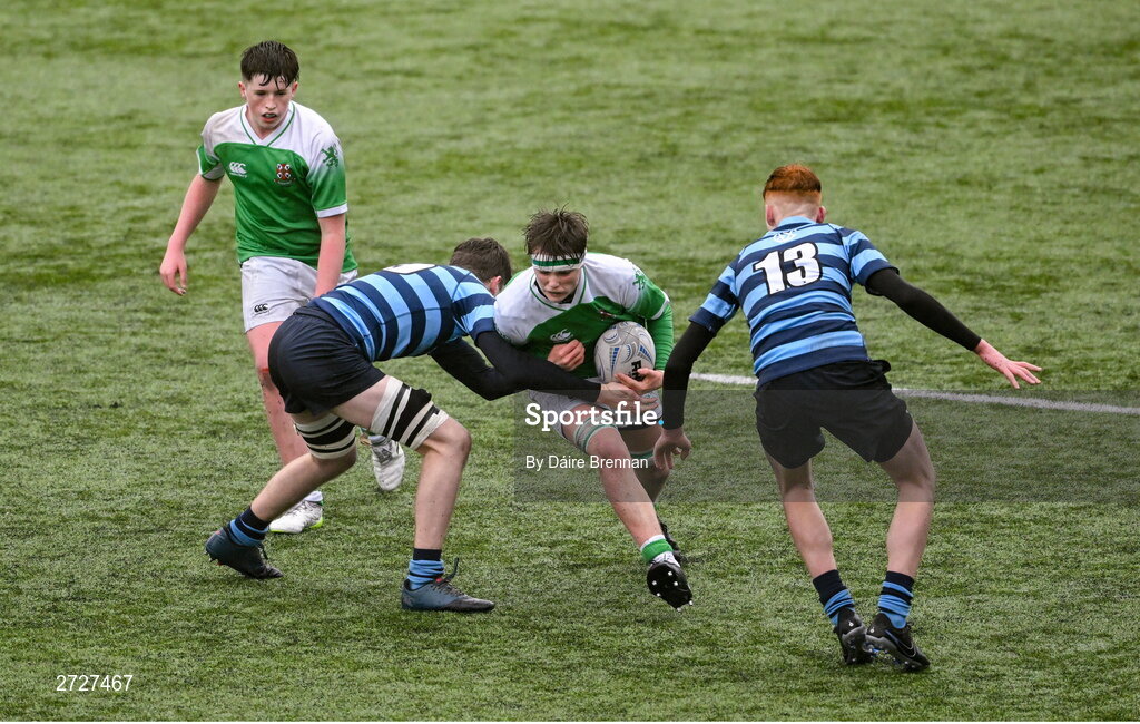8 February 2024; Louis Dockery of Gonzaga College is tackled by Darragh Mac Mhaoinigh of St Vincent’s Castleknock College during Bank of Ireland Leinster Schools Junior Cup Round 1 match between St Vincent's Castleknock College and Gonzaga College at Energia Park in Dublin. Photo by Daire Brennan/Sportsfile