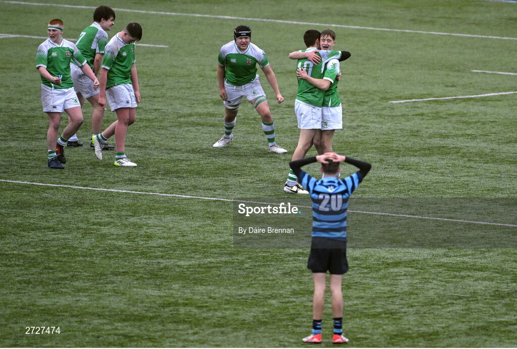 8 February 2024; Players from both sides react after the Bank of Ireland Leinster Schools Junior Cup Round 1 match between St Vincent's Castleknock College and Gonzaga College at Energia Park in Dublin. Photo by Daire Brennan/Sportsfile