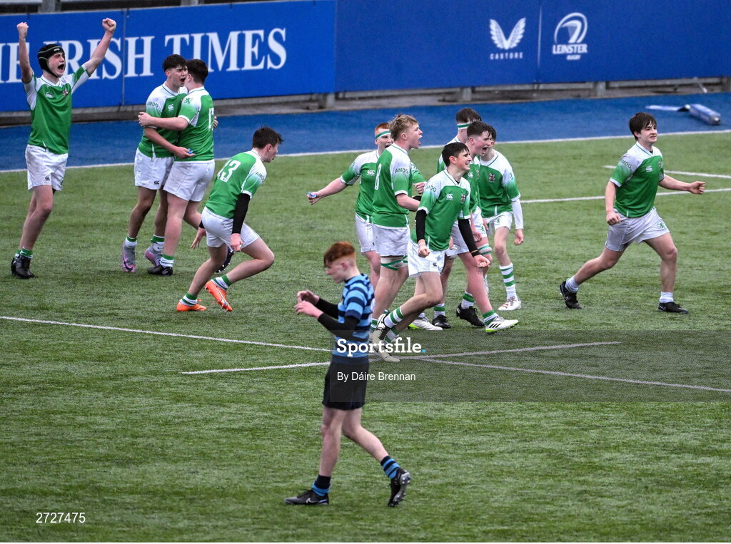 8 February 2024; Gonzaga College players celebrate after the Bank of Ireland Leinster Schools Junior Cup Round 1 match between St Vincent's Castleknock College and Gonzaga College at Energia Park in Dublin. Photo by Daire Brennan/Sportsfile