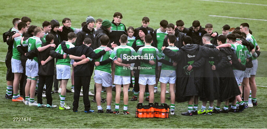 8 February 2024; The Gonzaga College huddle after the Bank of Ireland Leinster Schools Junior Cup Round 1 match between St Vincent's Castleknock College and Gonzaga College at Energia Park in Dublin. Photo by Daire Brennan/Sportsfile