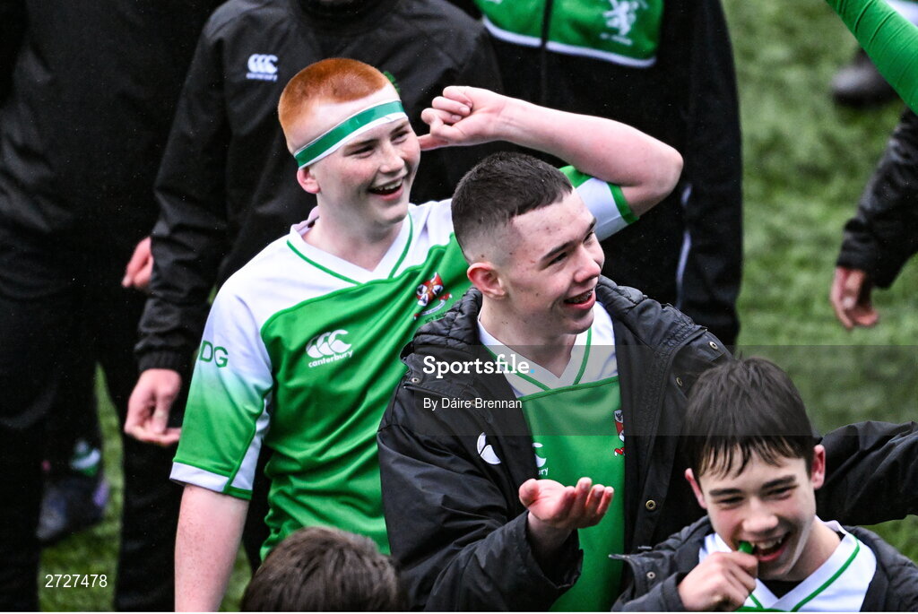 8 February 2024; Cian Start of Gonzaga College gestures to the crowd after the Bank of Ireland Leinster Schools Junior Cup Round 1 match between St Vincent's Castleknock College and Gonzaga College at Energia Park in Dublin. Photo by Daire Brennan/Sportsfile
