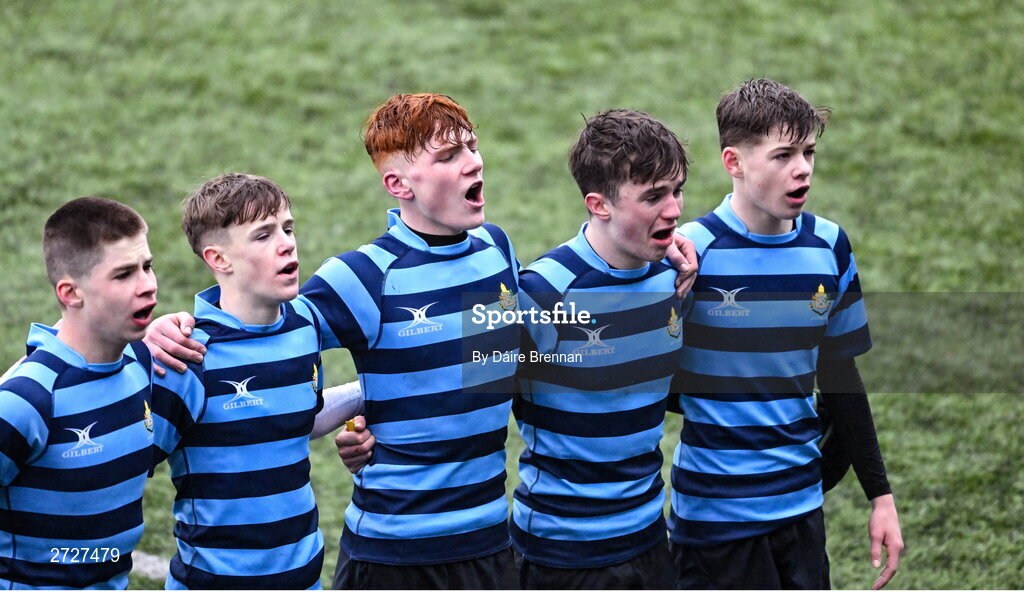 8 February 2024; St Vincent's Castleknock College players sing their anthem after the Bank of Ireland Leinster Schools Junior Cup Round 1 match between St Vincent's Castleknock College and Gonzaga College at Energia Park in Dublin. Photo by Daire Brennan/Sportsfile