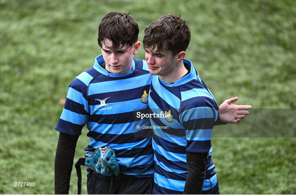 8 February 2024; Dejected St Vincent's Castleknock College players, Darragh Mac Mhaoinigh, left, and Matthew McGee after the Bank of Ireland Leinster Schools Junior Cup Round 1 match between St Vincent's Castleknock College and Gonzaga College at Energia Park in Dublin. Photo by Daire Brennan/Sportsfile
