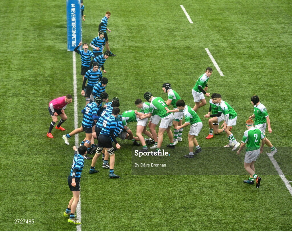 8 February 2024; Gonzaga College attack the St Vincent's Castleknock College line during the Bank of Ireland Leinster Schools Junior Cup Round 1 match between St Vincent's Castleknock College and Gonzaga College at Energia Park in Dublin. Photo by Daire Brennan/Sportsfile