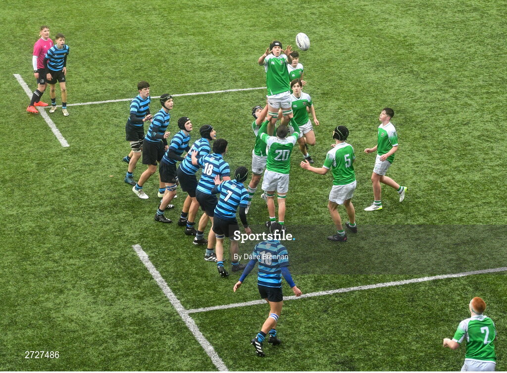 8 February 2024; Fionn Fahey of Gonzaga College wins the ball in a line-out during the Bank of Ireland Leinster Schools Junior Cup Round 1 match between St Vincent's Castleknock College and Gonzaga College at Energia Park in Dublin. Photo by Daire Brennan/Sportsfile