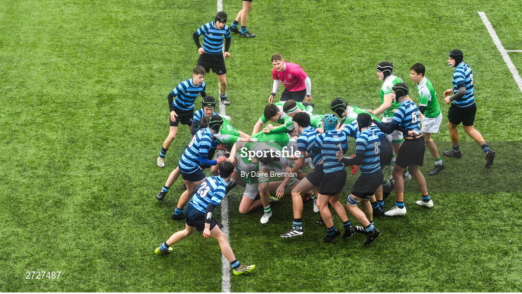 8 February 2024; The Gonzaga College maul on their way to scoring their side's fourth try during the Bank of Ireland Leinster Schools Junior Cup Round 1 match between St Vincent's Castleknock College and Gonzaga College at Energia Park in Dublin. Photo by Daire Brennan/Sportsfile