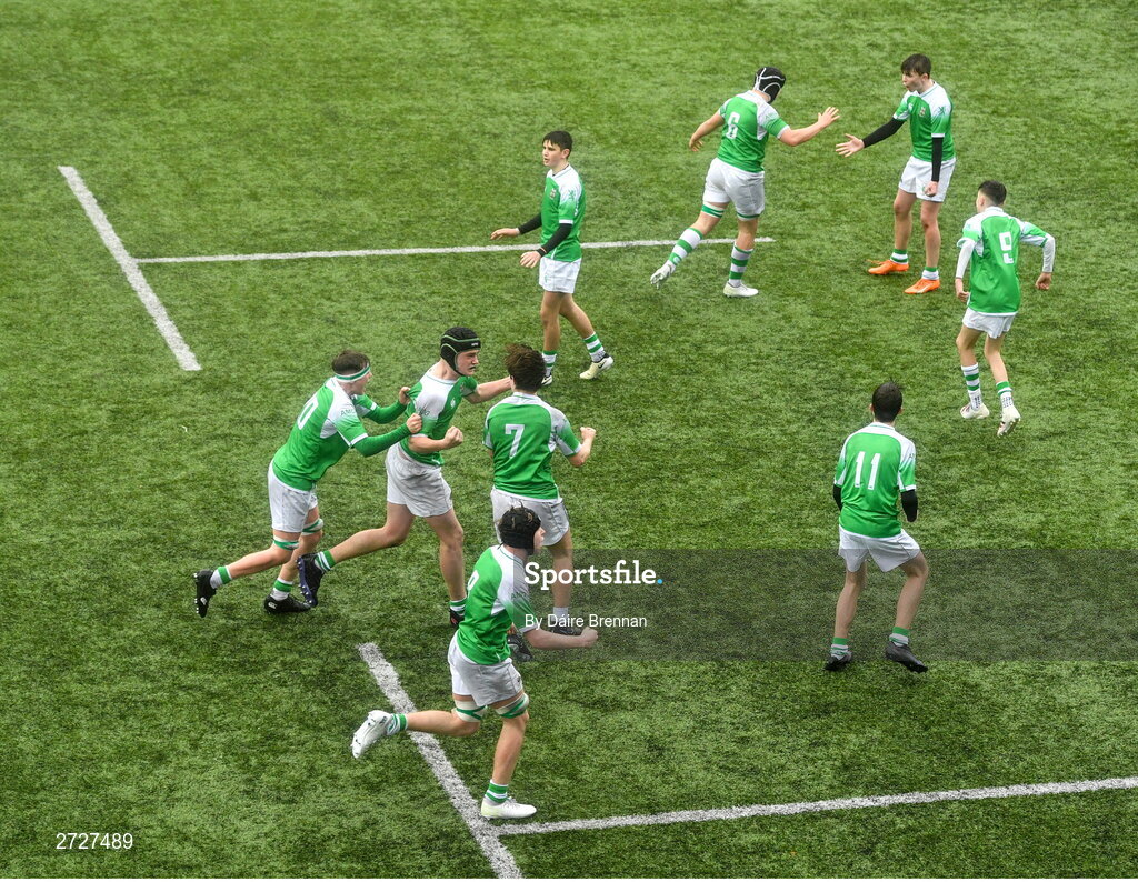 8 February 2024; Gonzaga College players celebrate after Cian Start scored their side's fourth try during the Bank of Ireland Leinster Schools Junior Cup Round 1 match between St Vincent's Castleknock College and Gonzaga College at Energia Park in Dublin. Photo by Daire Brennan/Sportsfile