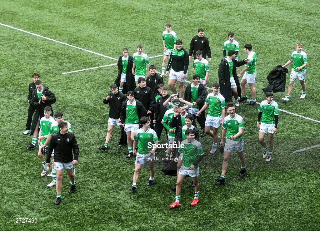8 February 2024; Gonzaga College players celebrate after the Bank of Ireland Leinster Schools Junior Cup Round 1 match between St Vincent's Castleknock College and Gonzaga College at Energia Park in Dublin. Photo by Daire Brennan/Sportsfile