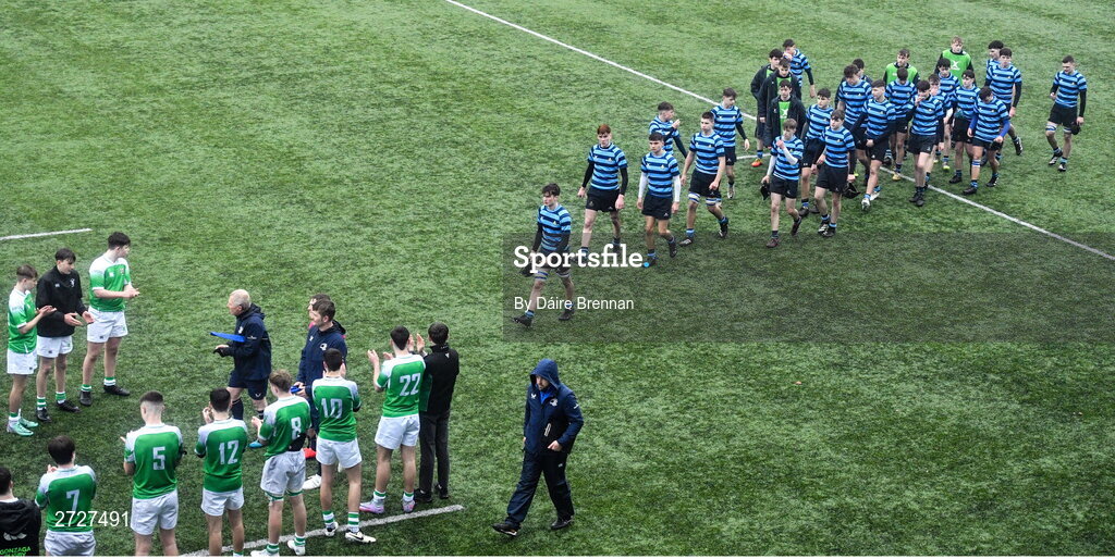 8 February 2024; Gonzaga College players form a guard of honour for St Vincent's Castleknock College after the Bank of Ireland Leinster Schools Junior Cup Round 1 match between St Vincent's Castleknock College and Gonzaga College at Energia Park in Dublin. Photo by Daire Brennan/Sportsfile