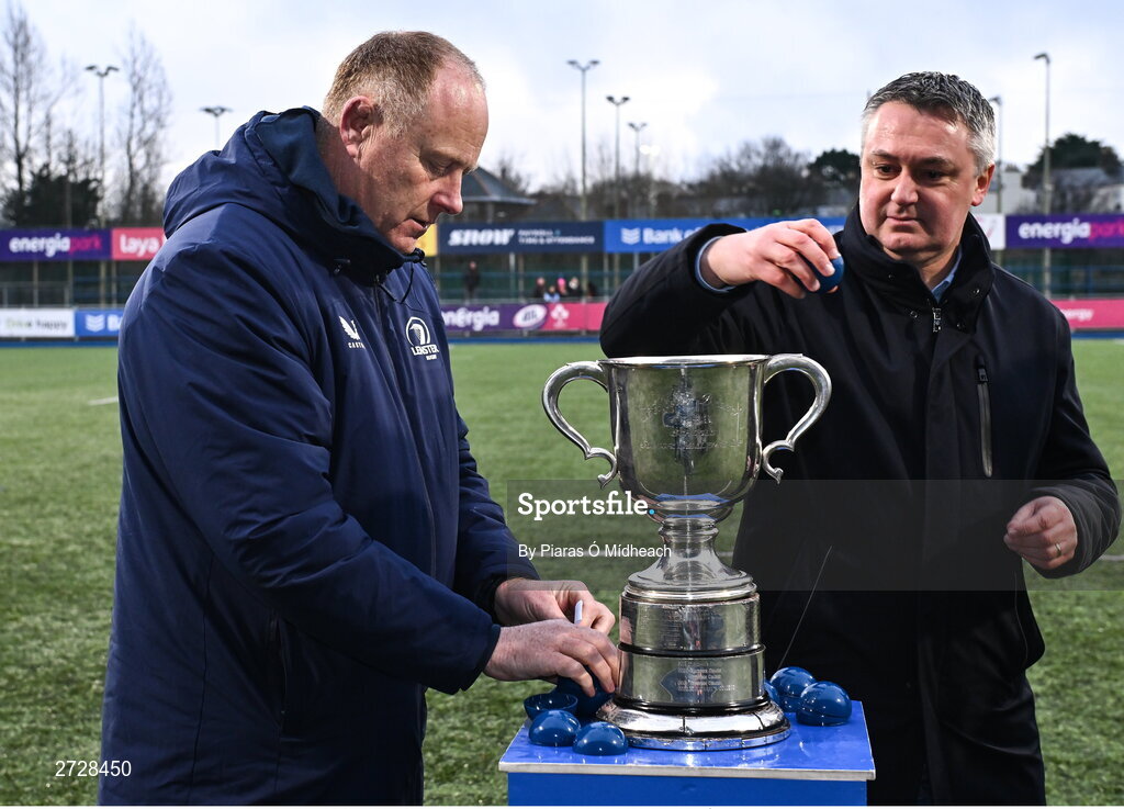 9 February 2024; Leinster head of rugby development Philip Lawlor, left, and Chair of Leinster Rugby Committee Karl O'Neill during the Bank of Ireland Leinster Schools Junior Cup Second Round Draw at Energia Park in Dublin. Photo by Piaras Ó Mídheach/Sportsfile