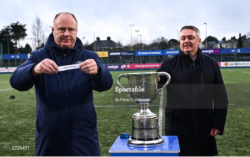 9 February 2024; Leinster head of rugby development Philip Lawlor, left, and Chair of Leinster Rugby Committee Karl O'Neill during the Bank of Ireland Leinster Schools Junior Cup Second Round Draw at Energia Park in Dublin. Photo by Piaras Ó Mídheach/Sportsfile