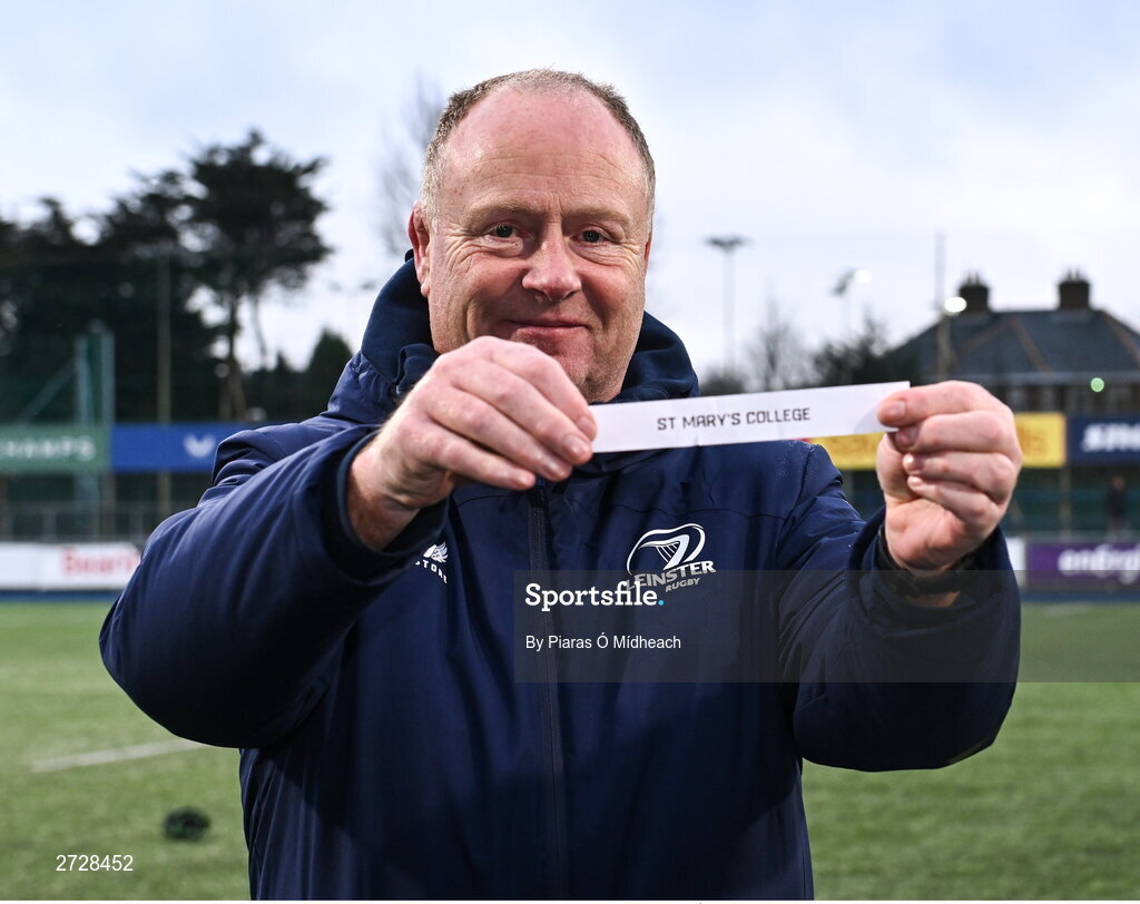 9 February 2024; Leinster head of rugby development Philip Lawlor during the Bank of Ireland Leinster Schools Junior Cup Second Round Draw at Energia Park in Dublin. Photo by Piaras Ó Mídheach/Sportsfile